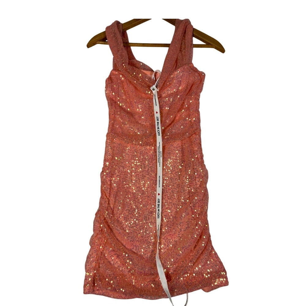 Lucy In The Sky Sequin Ruched Bodycon Mini Dress Coral Sparkly Party